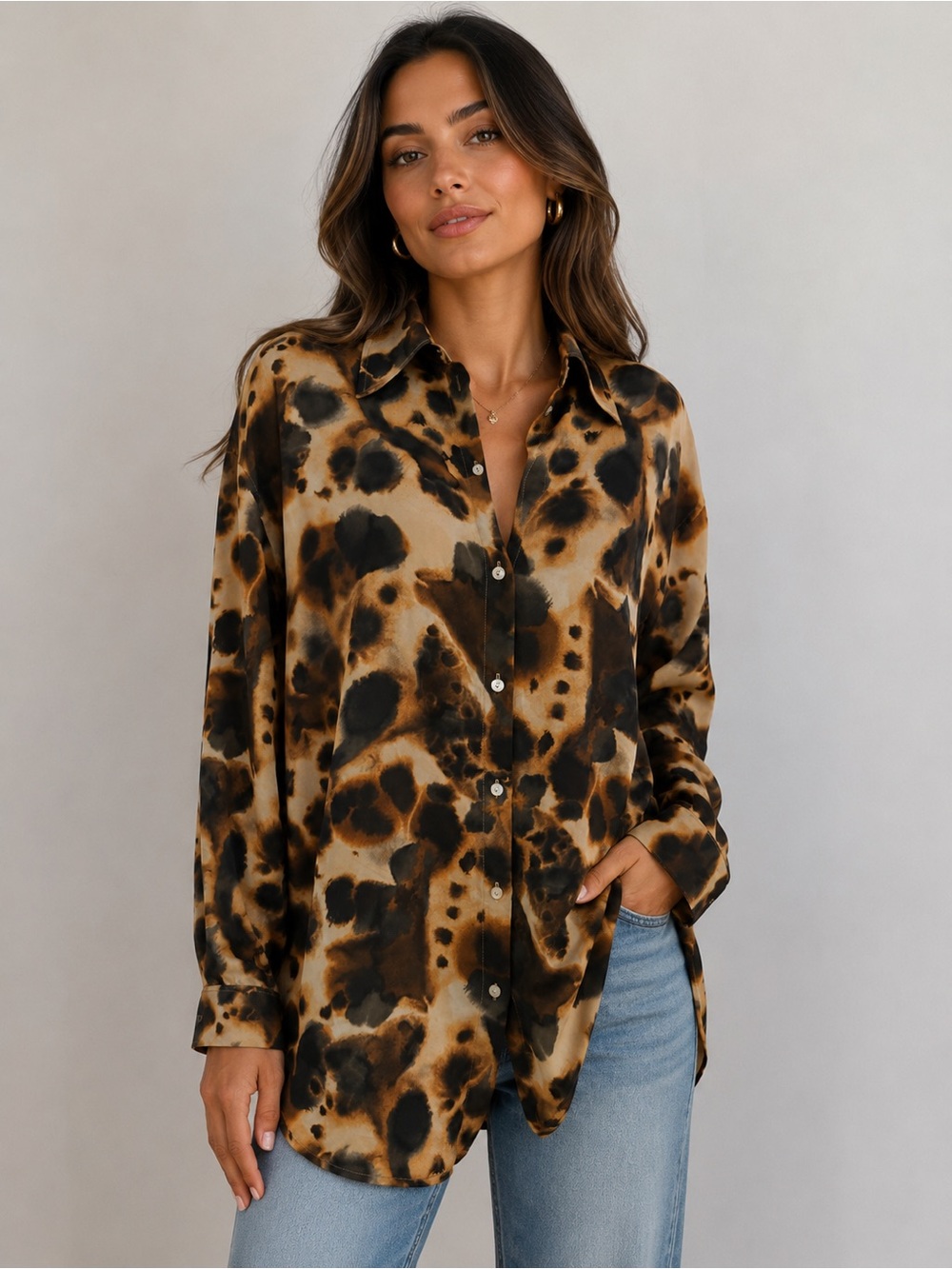 WILFRED - FREE || Leopard Print Button-Down Shirt in Brown and Black. Sz. M